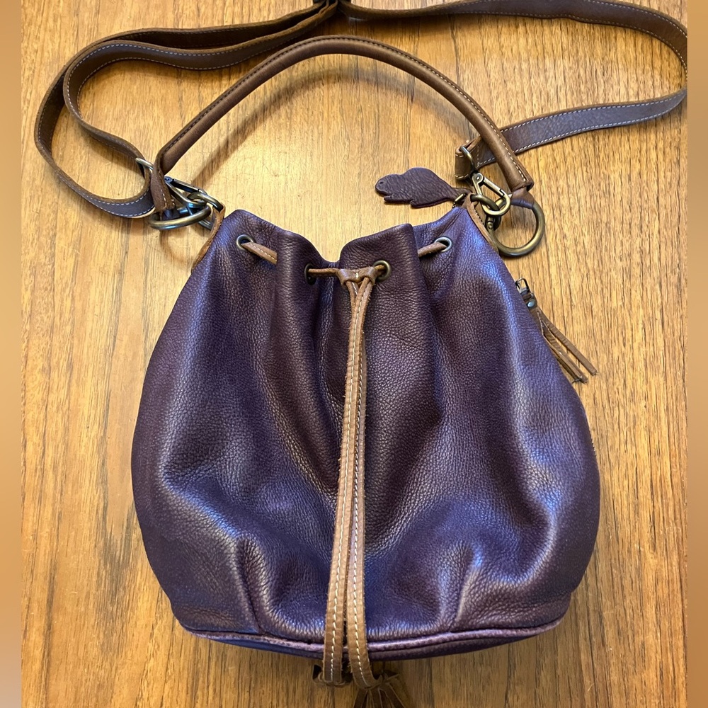 Boho Purple Leather Drawstring Bucket Bag - Roots Handbag